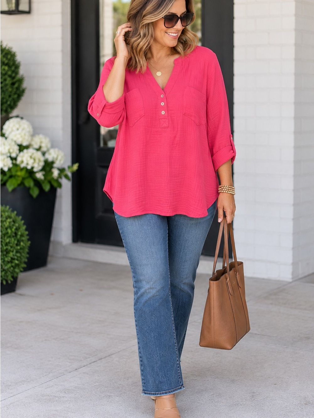 Relaxed V-Neck Roll-Tab Tunic in Pink